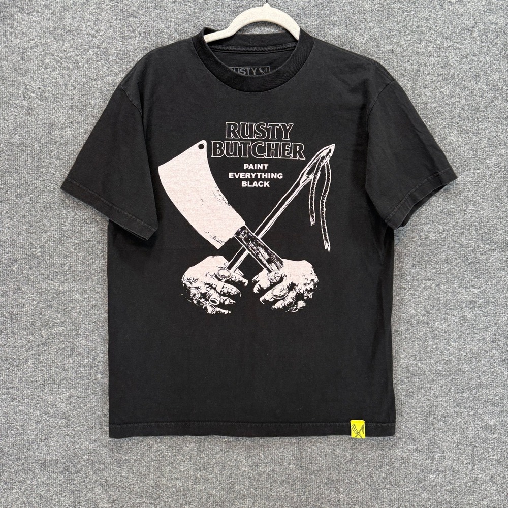 Rusty Butcher Tshirt Mens Medium Black Paint Everything Black Graphic Biker Tee